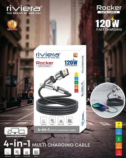 NEW RIVIERA ROCKER SERIES 120W 4-IN-1 MULTI CHARGING DATA CABLE LIFE TIME WARRANTY