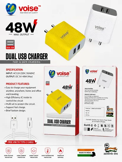NEW VOISE 48W DUAL USB MICRO (V8) FAST CHARGER WITH 1 YEAR WARRANTY